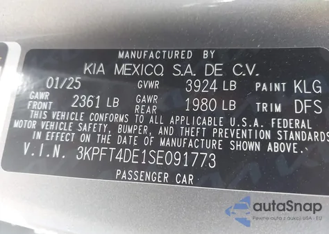 2025 Kia K4 Lxs из США, поврежденный, VIN 3KPFT4DE1SE091773